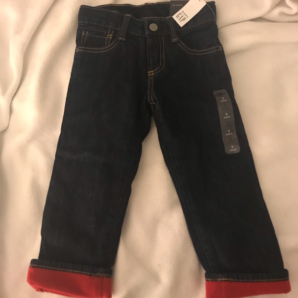 Fleece lined, dark wash jeans